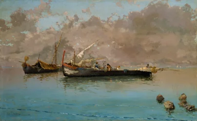 Marina s rybářskými čluny, Eduardo Dalbono (1841-1915), olej na plátně, 64,5x104,5 cm