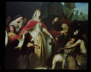 Detail katolických panovníků přijímajících křesťanské zajatce po dobytí Malagy v roce 1487