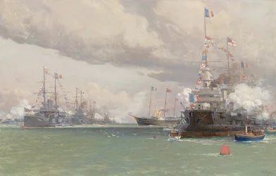 L"Entente Cordiale: The Royal Yacht Victoria & Albert III hodnotí anglicko-francouzskou flotilu v Cowes Road, 1905