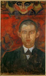Edvard Munch, autoportrét s ženskou maskou (olej na dřevě)