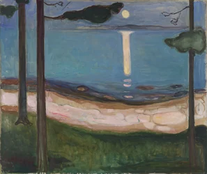 Měsíční svit, severská krajina. Obraz Edvarda Muncha (1863-1944), 1895. Rozměry: 93 x 110 cm. Oslo, Národní galerie