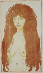 Nahá žena s rudými vlasy a zelenýma očima, stojící akt s rudými vlasy, kolem roku 1901
