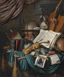 Zeměkoule, rakev s drahokamy a medailony, knihy, hurdiska, dudy, loutna, housle, obrácená stříbrná tazza a roemer, mušle nautila, zobcová flétna, šátek, tisk s autoportrétem umělce a notový záznam na přehozeném stole, ak