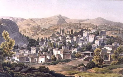 Village of Portaria, deska 16 z části 3 „Pohledy v Řecku“, vyryla J. Bailey