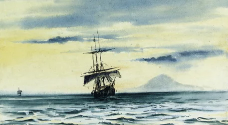 Poslední pohled na Mount Discovery: SS. „Ráno“ a „Terra Nova“ po „Objevu“ z McMurdo Strait, 19. února 2004, půlnoc, 1904