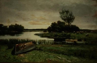 Jezero s veslicemi (olej na plátně)