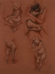 Studie dětí v náručí jejich matek, 1887 (černá, červená a bílá křída na červeném papíře)