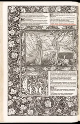 „The Works of Geoffrey Chaucer Now Newly Imprinted“ od Geoffrey Chaucer, vydané nakladatelstvím Kelmscott Press v roce 1896 (dřevořez)
