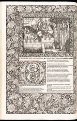 „The Works of Geoffrey Chaucer Now Newly Imprinted“ od Geoffrey Chaucer, vydané nakladatelstvím Kelmscott Press v roce 1896 (dřevořez)
