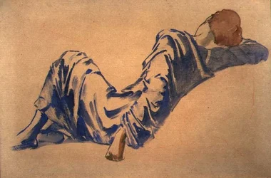 Studie spícího dvořana pro sérii Briar Rose: The Council Room (akvarel s červenou křídou na papíře)