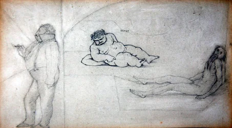 William Morris a autorka v parní lázni, asi 1890 (tužka na papíře)