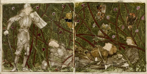 Sada šestnácti dlaždic uspořádaných do párů tak, aby tvořily osm ilustrací příběhu 