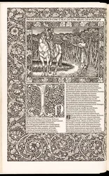 „The Works of Geoffrey Chaucer Now Newly Imprinted“ od Geoffrey Chaucer, vydané nakladatelstvím Kelmscott Press v roce 1896 (dřevořez)