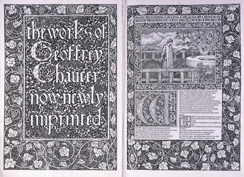 Titulní strana a úvodní strana z vydání Kelmscott Press "The Works of Geoffrey Chaucer", 1896