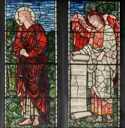 Birmingham, Acocks Green, St Mary the Virgin, Morris & Co., Edward Burne-Jones, John Henry Dearle (1859-1932), svatý Jan a anděl se svitkem, 1895
