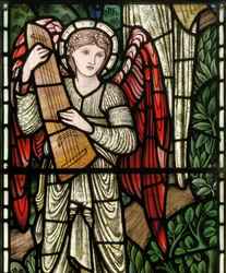Wilden, All Saints, Morris & Co., Edward Burne-Jones, John Henry Dearle (1859-1932), Angels Of Paradise, Angel Musicians, detail, 1902-1914, Louisa, Alfred, The Baldwins, ministerský předseda, metodista, Wo