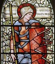 Wilden, All Saints, Morris & Co., Edward Burne-Jones, John Henry Dearle (1859-1932), Fortitude, detail, 1902-1914, Louisa, Alfred, The Baldwins, ministerský předseda, metodista, Worcestershire, Arts & Craft