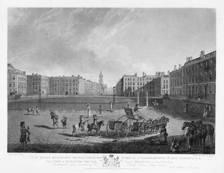 Hanover Square, ze souboru čtyř pohledů na londýnská náměstí, vyryl Robert Pollard (1755-1838) a Francis Jukes (1747-1812) 1781 (lept a akvatinta)