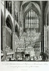 Pohled na orchestr a umělce ve Westminsterském opatství, během oslavy Händela, publikoval Charles Burney, 1785