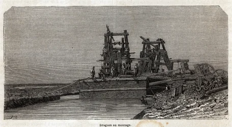 Dredges na Suezském průplavu, kresba Greneta, pro ilustraci exkurze do Suezského průplavu v roce 1862 od Paula Merruaua. Rytina v „“Le tour du monde““, editoval Edouard Charton