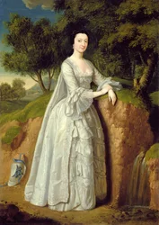 Elizabeth Montague stojící v zalesněné krajině, kolem roku 1750 (olej na plátně)