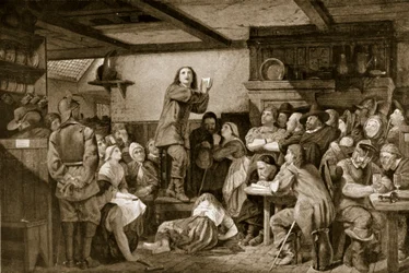 George Fox káže v krčmě, kolem roku 1650