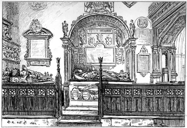 Lavice v kostele Clopton, Stratford-upon-Avon, Warwickshire, 1885.