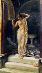 "Diadumene" Mladá nahá žena si zavazuje oči v antické lázni. Obraz Edwarda Johna Poyntera (1836-1919) (klasicismus) 1893