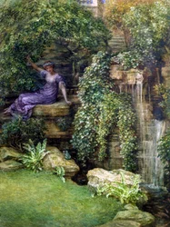 "Princezna a žabák" Setkání mladé princezny a žabáka (krásného prince) v romantické zahradě, obraz Edwarda Johna Poyntera (1836-1919) (předrafaelita)