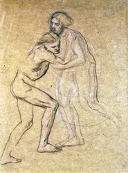 Studie dvou nahých mužů objímajících se pro The Prodigals Return, 1869 (křída na papíře)