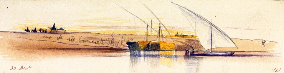 Břehy Nilu (Egypt), v pozadí tři gyasy, z nichž dvě jsou naloženy slámou, postavy a zvířata v zapadajícím slunci.