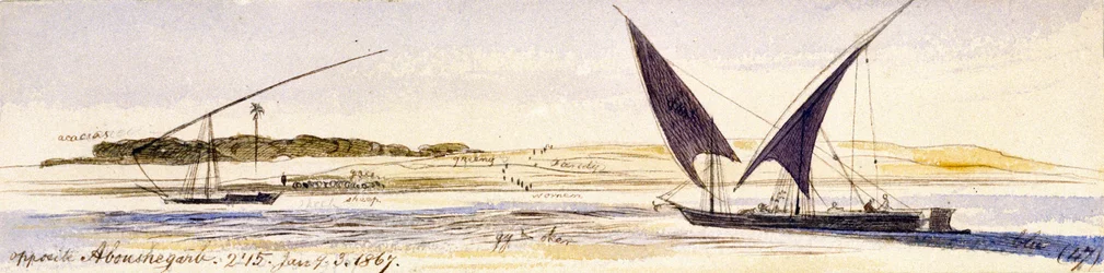 Rozloha Nilu a jeho břehů, dvě tradiční egyptské lodě, včetně lodi Dahabeeya. Barevná akvarelová kresba