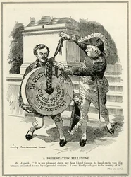 „Presentation Millstone“, premiér Asquith předává kancléři státní pokladny Lloydu Georgeovi systém starobních penzí, 1908
