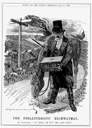 David Lloyd George (1863-1945) Britský liberální státník narozený ve Walesu. V roce 1908 představil Lloyd George jako ministr financí svůj zákon o starobních důchodech. Cartoon Edward Linley Sambourne z Punch, Londýn, srpen 1908.