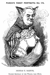 Phineas Taylor Barnum (1810-1891) Americký showman: spoluzakladatel cirkusu Barnum a Bailey. Karikatura Edwarda Linleyho Sambourna z Punch London 1884 v sérii Fancy Portraits zobrazující Barnuma jako prohnanou lišku využívající frenologickou hrbolu lidí Cr