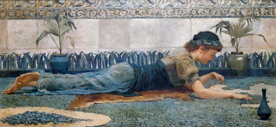 "Modrá mozaika" Mladá žena v antickém prostředí leží na podlaze a pokrývá zem mozaikou. Obraz Edwarda Matthewa Halea (1852-1924) (předrafaelita)