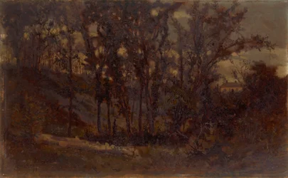 Lesní scéna bez názvu, padlý strom v popředí a dům v pozadí, 1873.