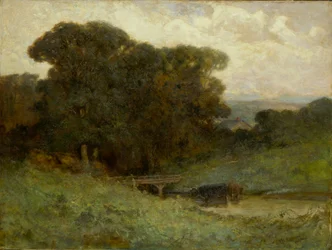 Lesní scéna bez názvu s mostem, krávy v proudu v popředí, 1897.