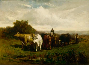 Muž bez názvu na koni, žena pěšky pohánějící dobytek, 1880.
