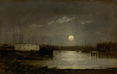 Měsíc nad přístavem bez názvu, scéna přístaviště s úplňkem a stěžněmi lodí, ca. 1868.