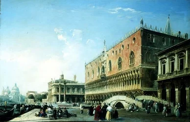 Piazzetta, Benátky, s mnoha postavami u Dóžecího paláce (olej na plátně)