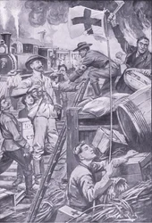 Falešný muž ze sanitky ničící obchody v Komati Foort pod vlajkou Červeného kříže, ilustrace z After Pretoria: The Guerilla War, 1902