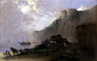 Pobřežní scéna (pastel na papíře)