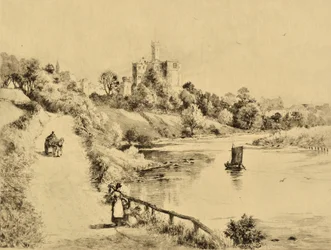 The Coquet: Warkworth Castle od cesty do Amble, kolem roku 1880 (lept)