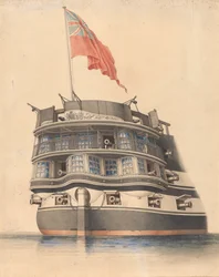 Detailní pohled na záď HMS "Asia" s vlajícím praporem.