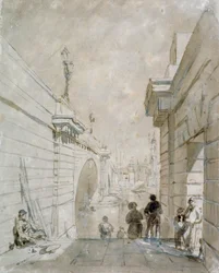 London Bridge při pohledu na sever z horního schodiště poblíž Tooley Street, 1833
