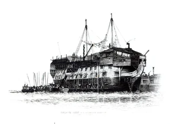 Vězeňská loď v Portsmouth Harbour: Convicts Going on Board, 1828