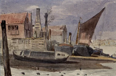 Battersea, břeh řeky s loděmi