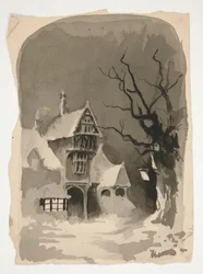 Zimní scéna: Dům ve sněhu (recto); Studie různých postav (verze)