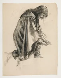 Figurální studie pro sira Lancelota a sira Borse vybavujícího Galahada jeho ostruhami (?), z The Quest of the Holy Grail (druhý ze série patnácti obrazů pro Boston Public Library, dokončený v roce 1901)